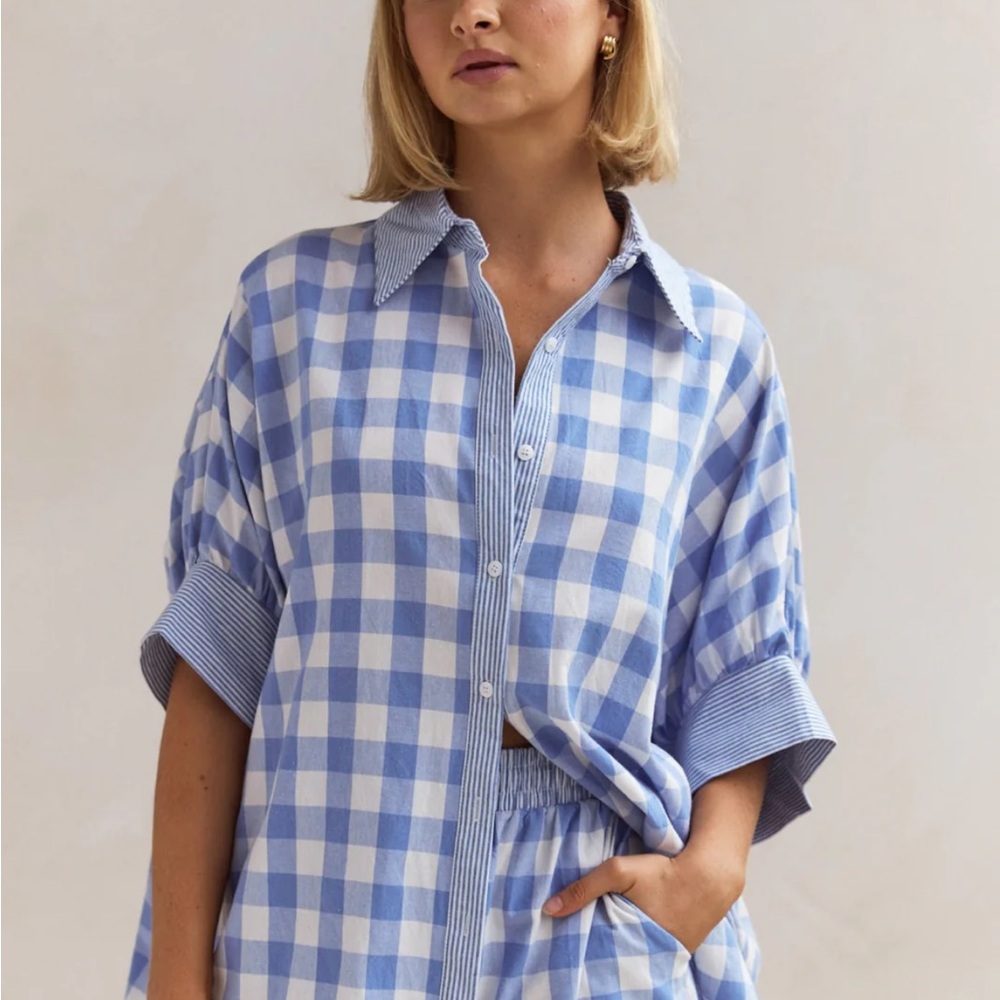 Blue and White Gingham Button Down Shirt with Oversized Fit